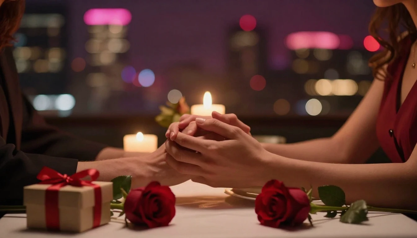 A romantic and intimate scene featuring a close-up of a coup...