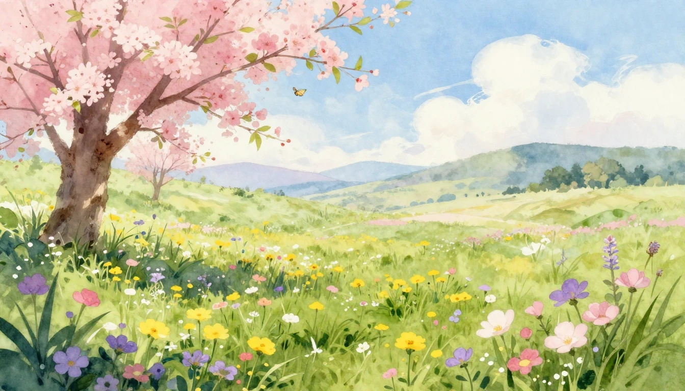 A vibrant watercolor painting of a lush spring meadow filled...