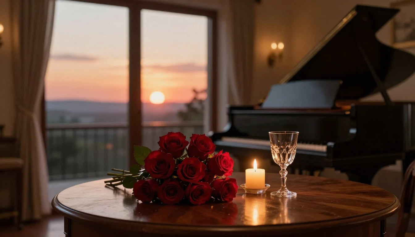 A breathtaking scene of a cozy, dimly lit room overlooking a...