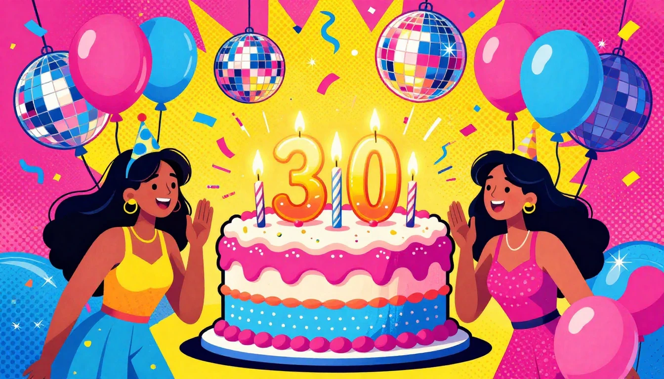 A vibrant and energetic illustration of a 30th birthday cele...