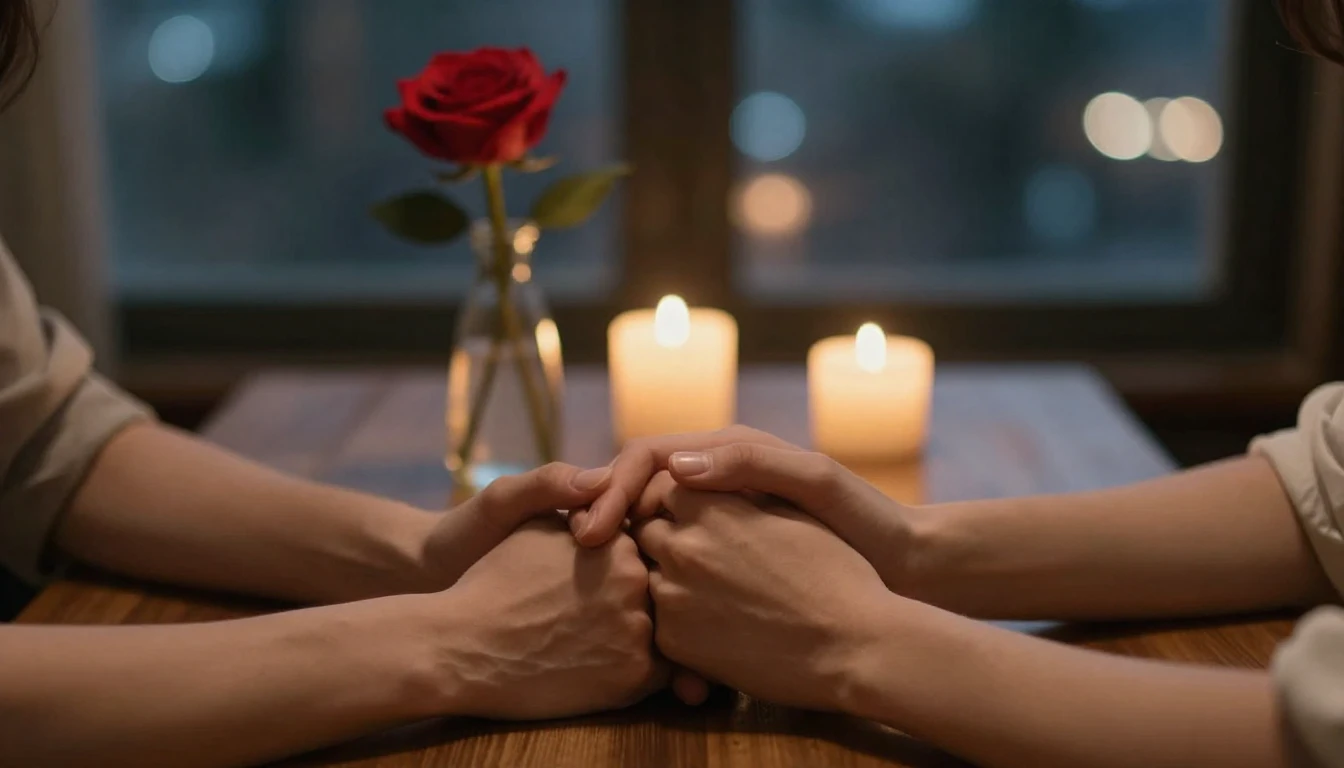 A cinematic close-up shot of a couple holding hands across a...
