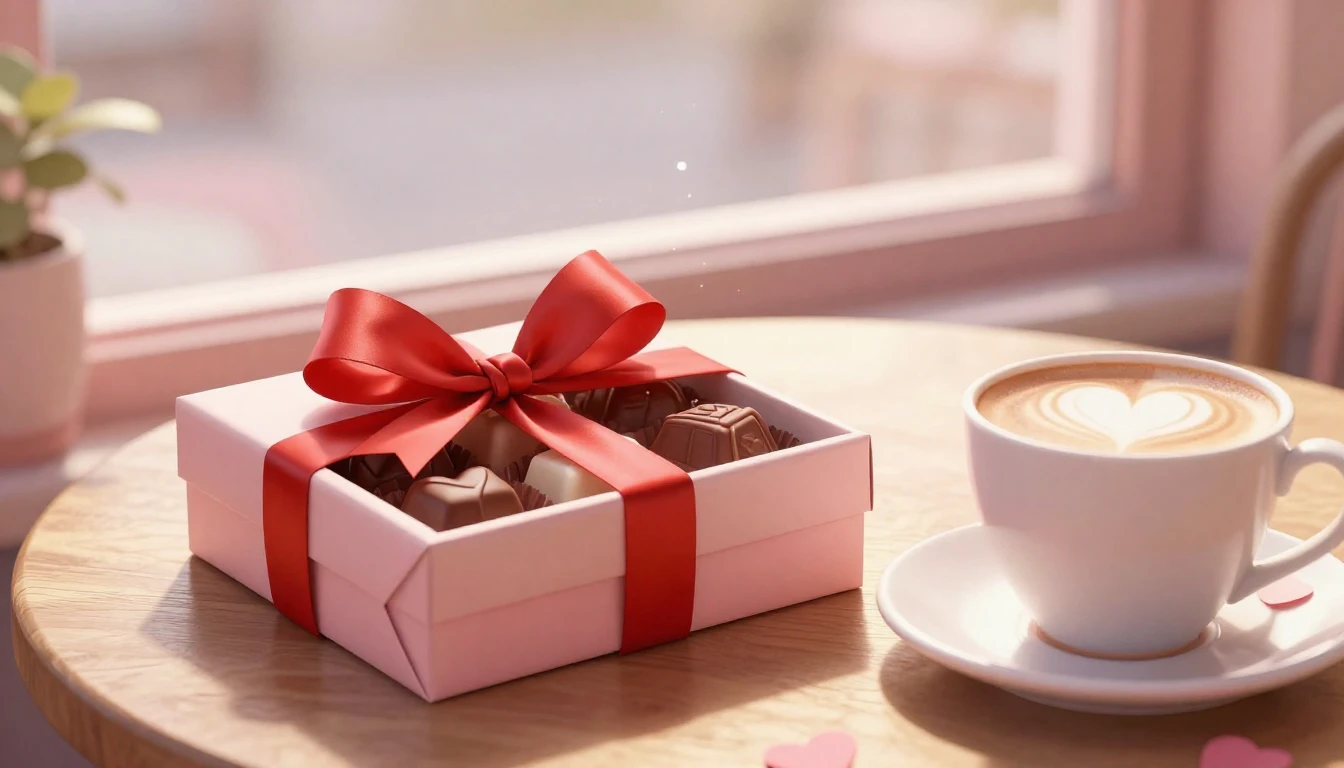 A heartwarming Valentine's Day scene in a cozy cafe setting....