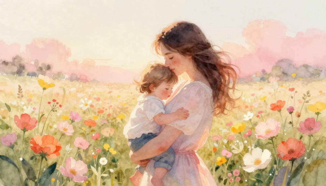 Soft and dreamy watercolor painting of a mother embracing he...