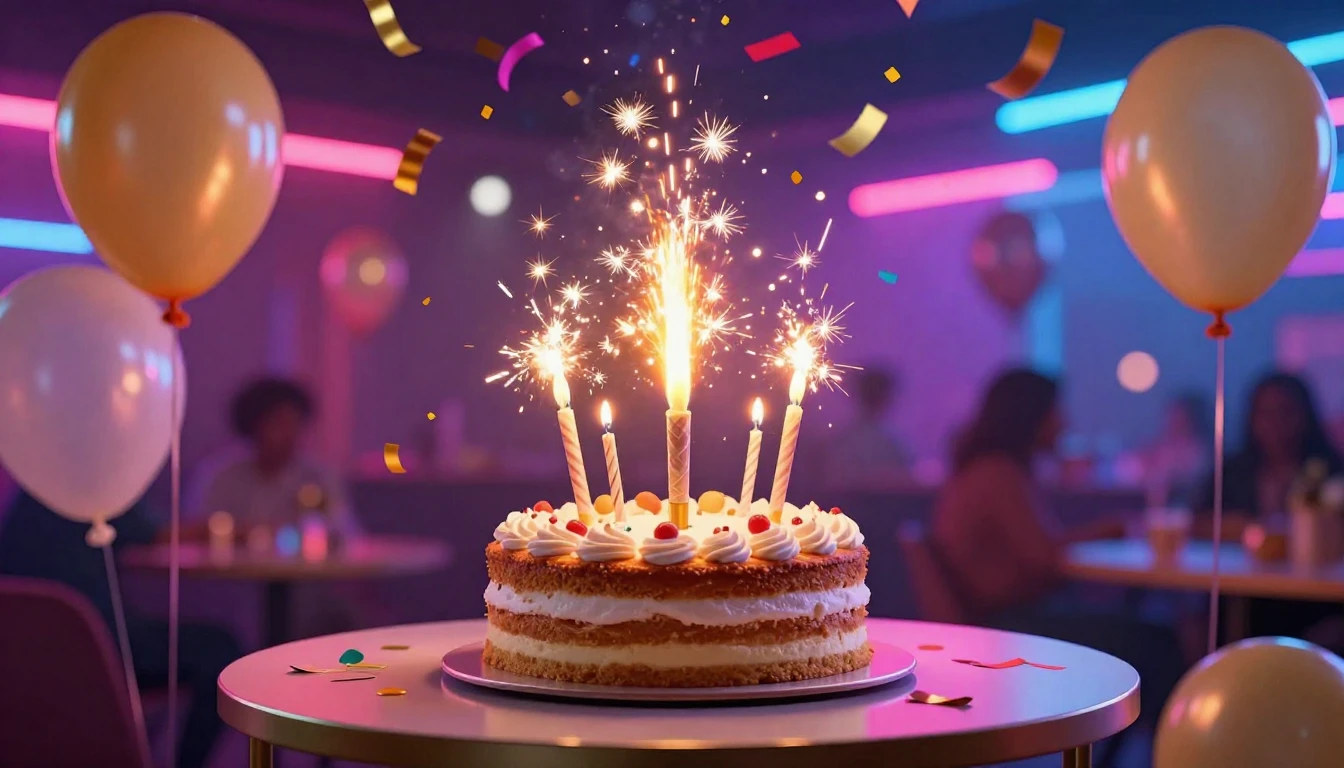 A vibrant and festive birthday concept art. In the center, a...