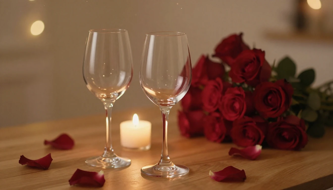 A soft, dreamy scene featuring two elegant wine glasses on a...