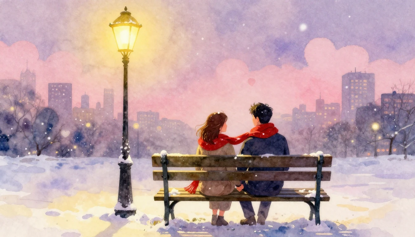 A romantic and dreamy watercolor painting featuring a couple...