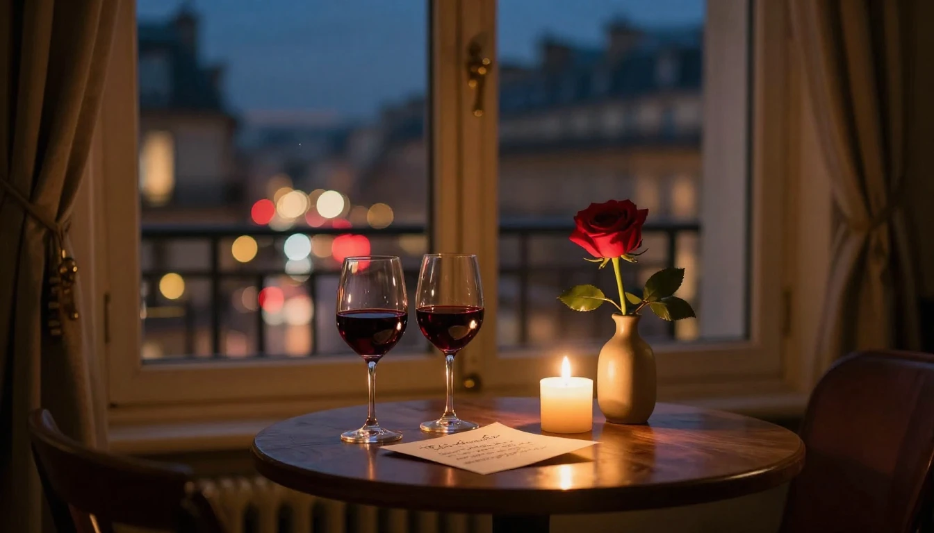 A romantic and intimate scene inside a cozy Parisian apartme...