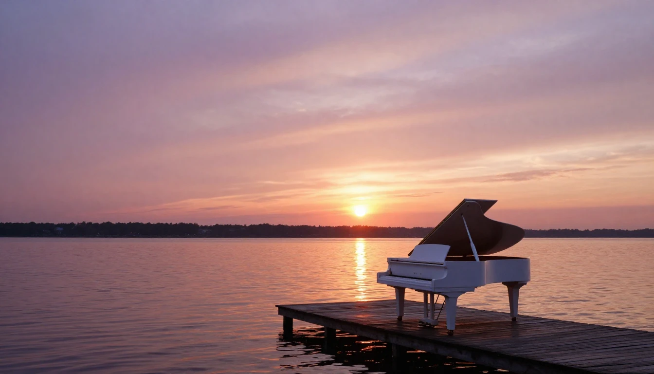 A breathtaking sunset over a calm lake, where the sky is pai...