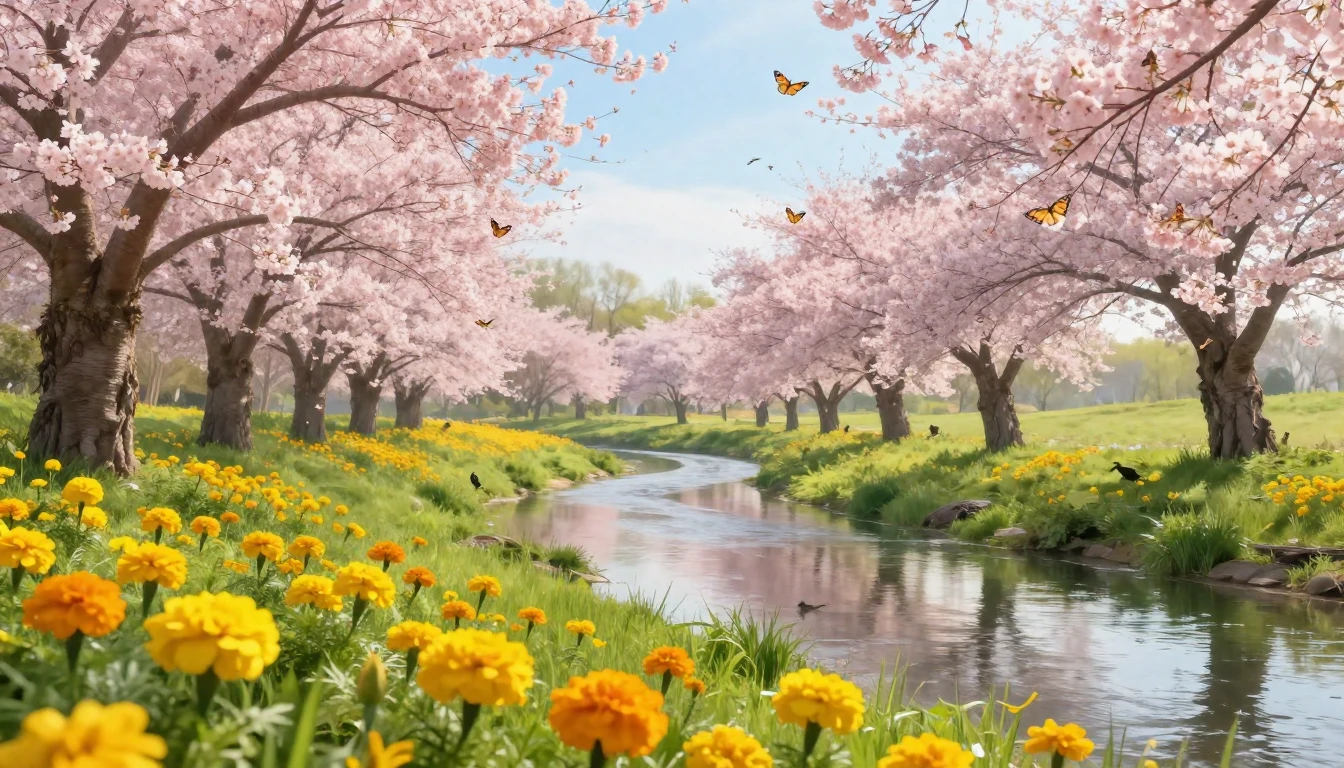 A lush landscape filled with blooming cherry blossoms and vi...