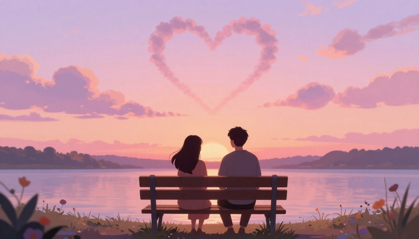 A romantic and dreamy illustration of two silhouettes sittin...