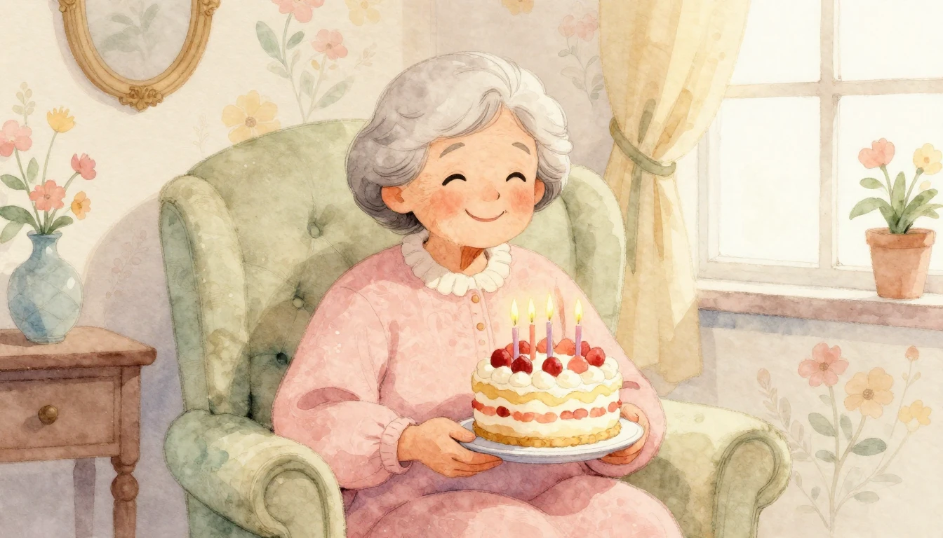A heartwarming watercolor illustration of a sweet 80-year-ol...