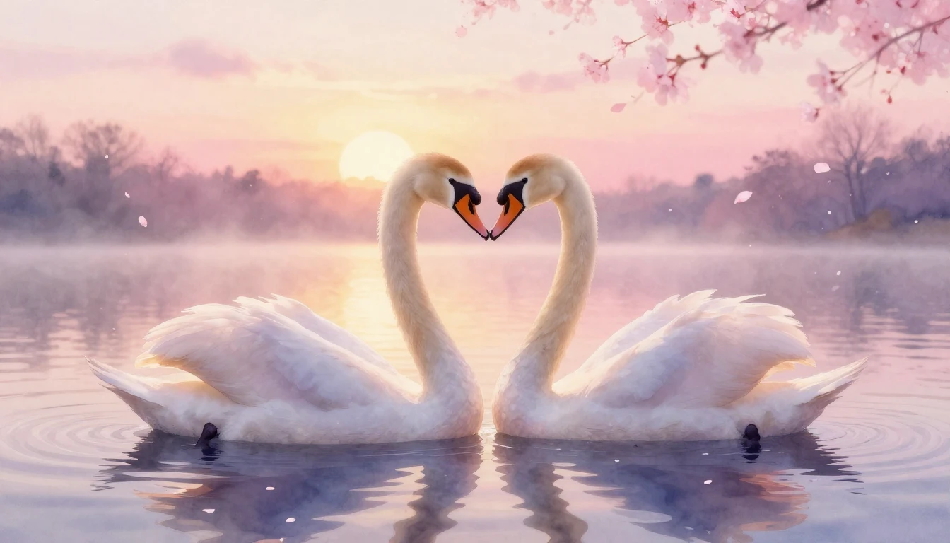 A dreamy watercolor painting of two elegant swans forming a ...