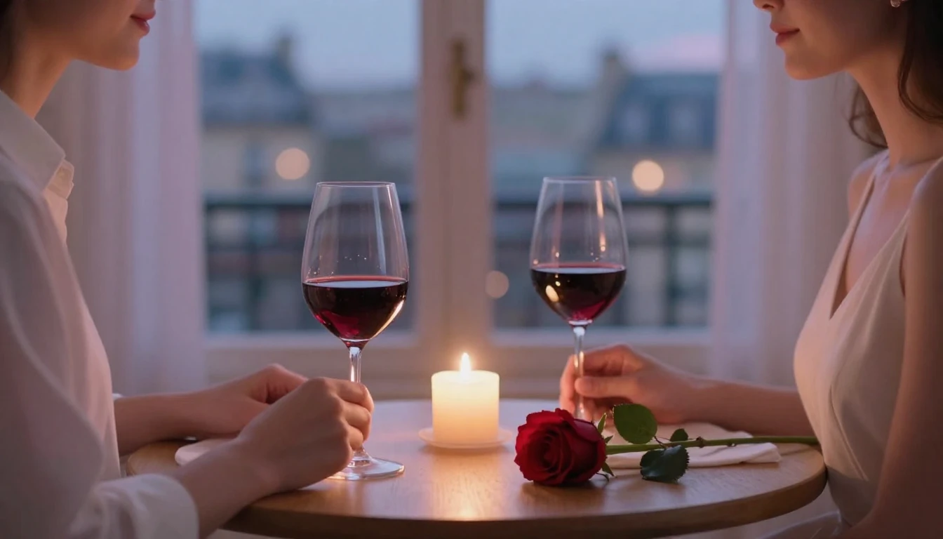 A romantic and intimate dinner setting for two, soft candlel...