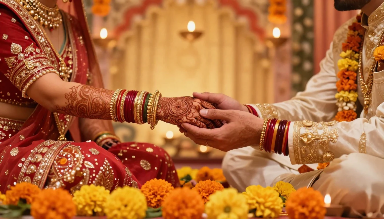 A vibrant and festive illustration of a traditional Indian w...