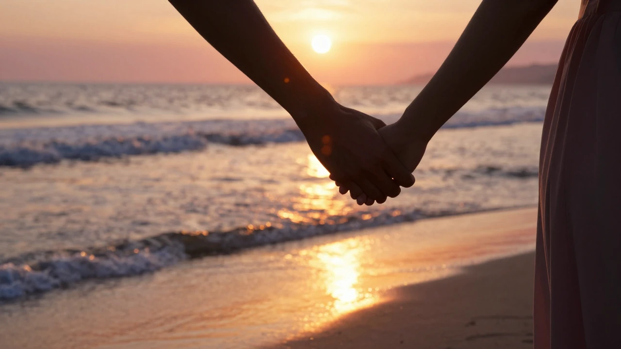 A warm and romantic scene of two silhouettes holding hands d...