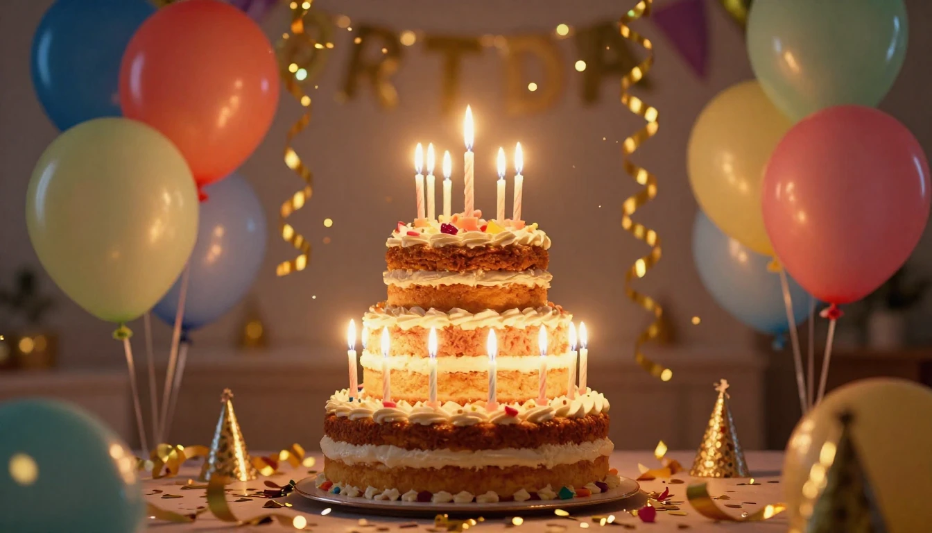 A vibrant and festive birthday celebration scene featuring a...