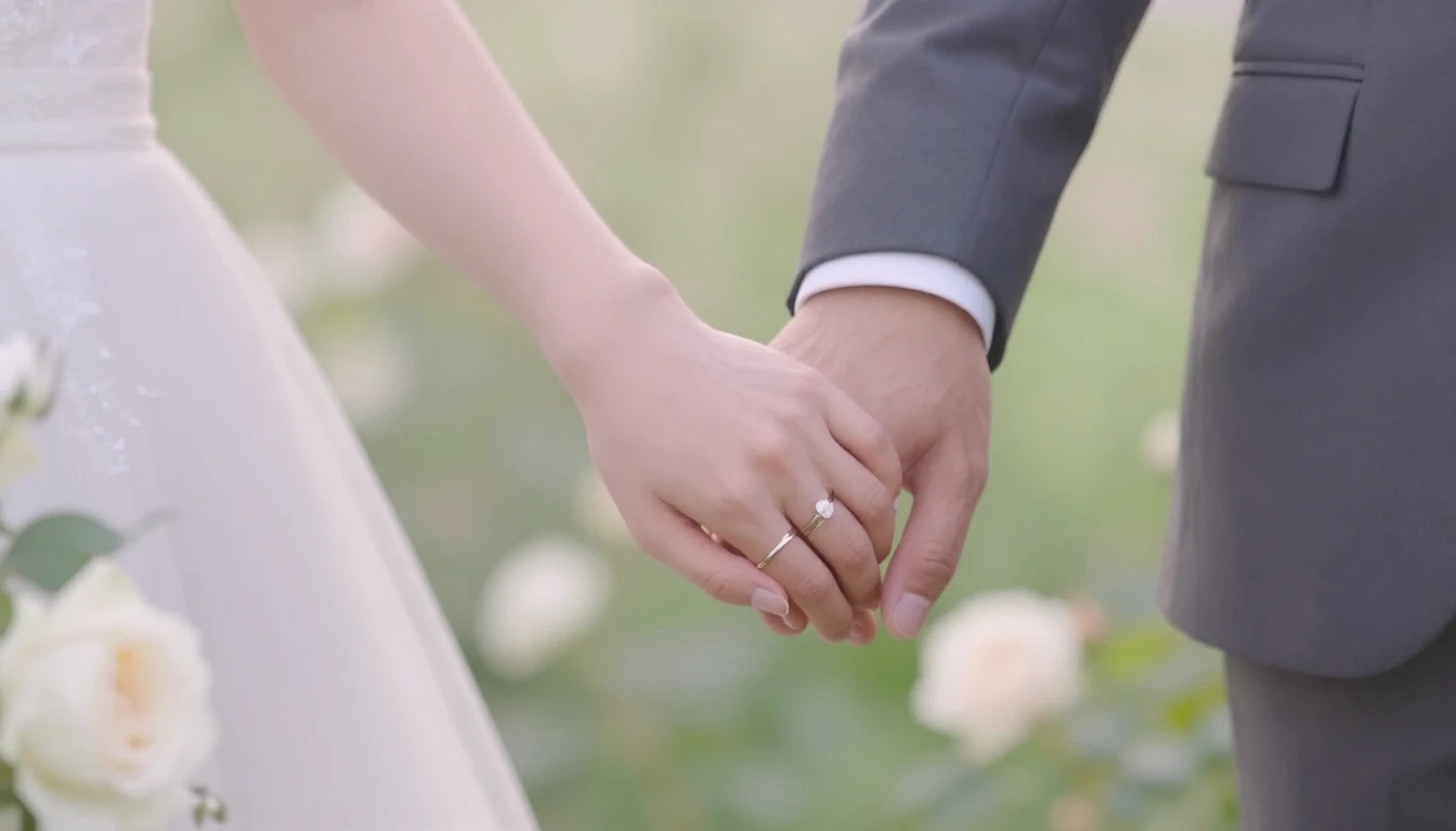 A close-up, romantic artistic composition of a bride and gro...