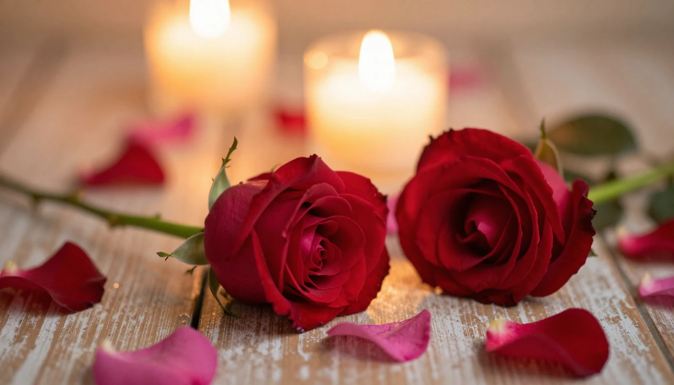 A beautiful and delicate scene featuring two red roses resti...