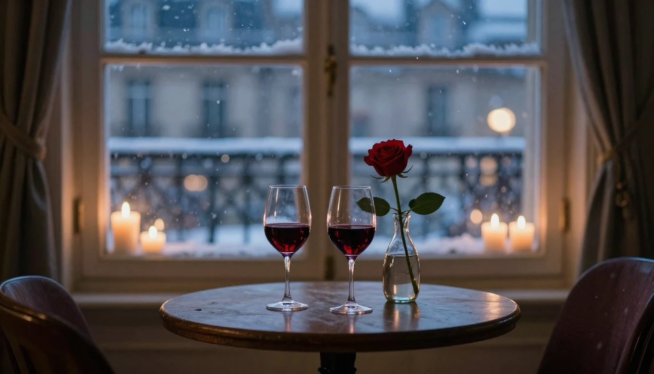 A romantic and intimate scene inside a cozy Parisian apartme...