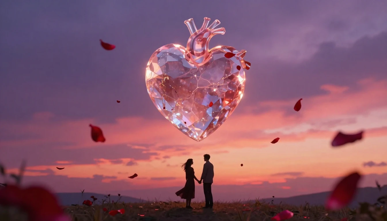 A cinematic shot of a glowing, translucent crystal heart sus...