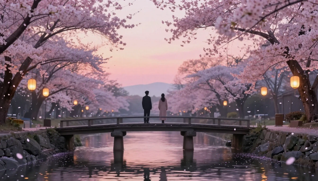 A dreamy and ethereal scene of two silhouettes standing on a...