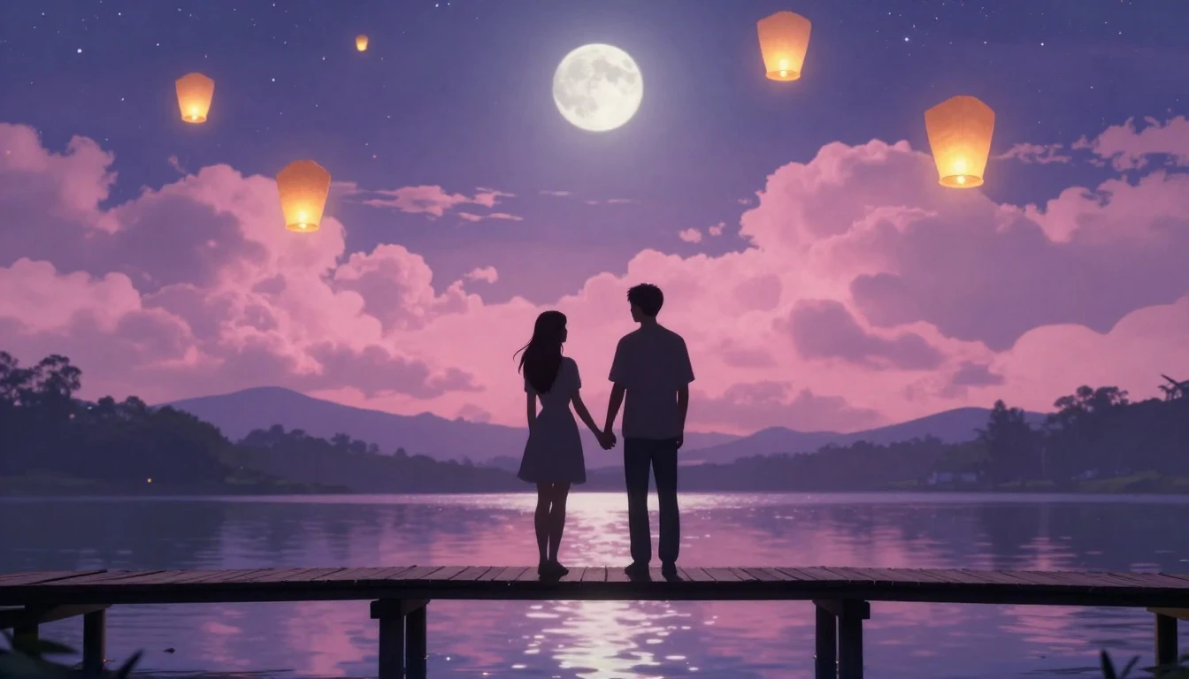 A romantic and dreamy scene featuring two silhouettes holdin...