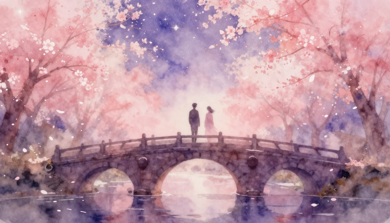 A soft and ethereal watercolor painting of two silhouettes s...