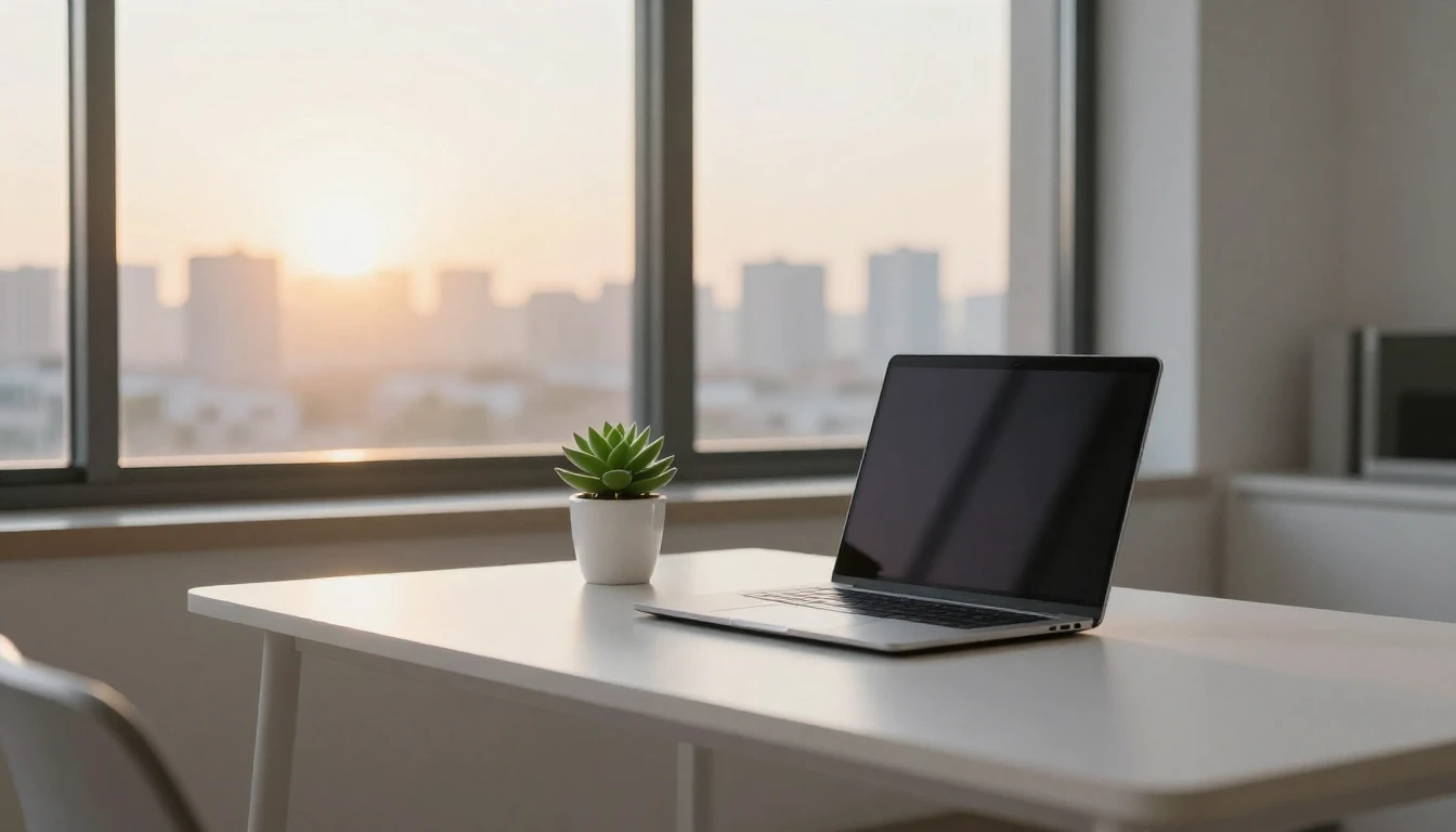 A clean and modern minimalist workspace featuring a sleek de...