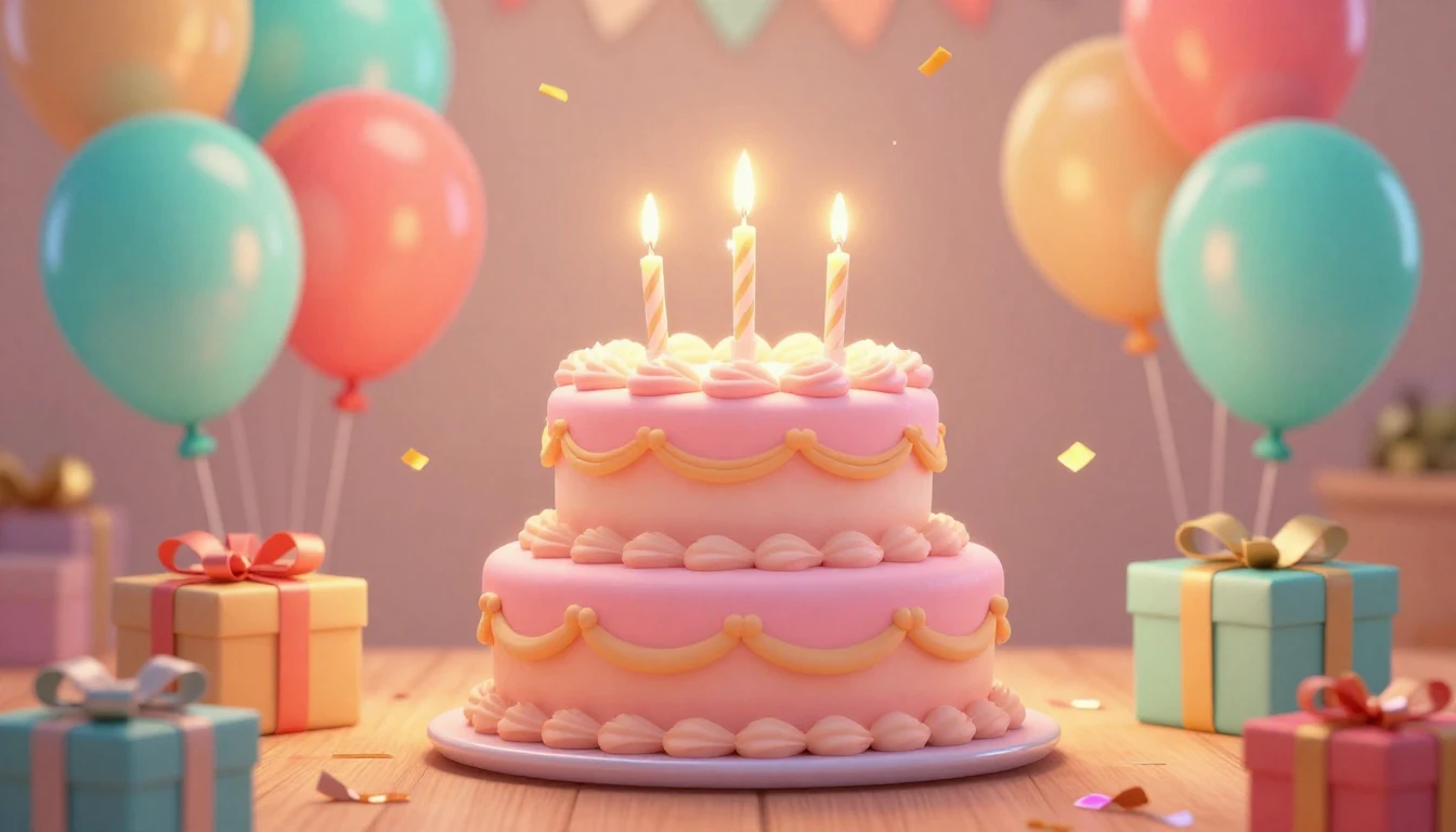 A cute 3D animated birthday celebration scene. Center frame ...
