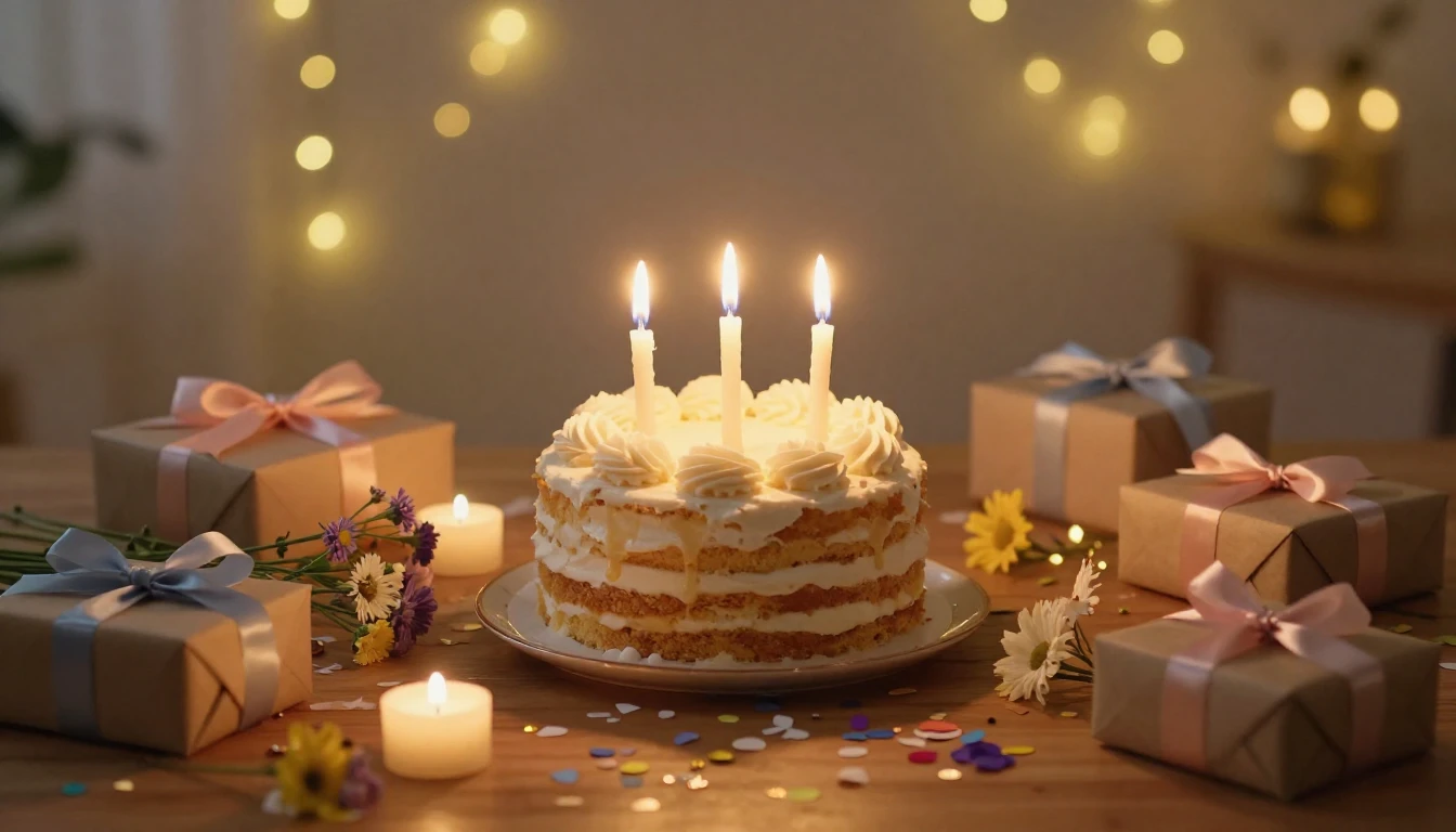 A heartwarming and festive birthday scene. A beautifully dec...