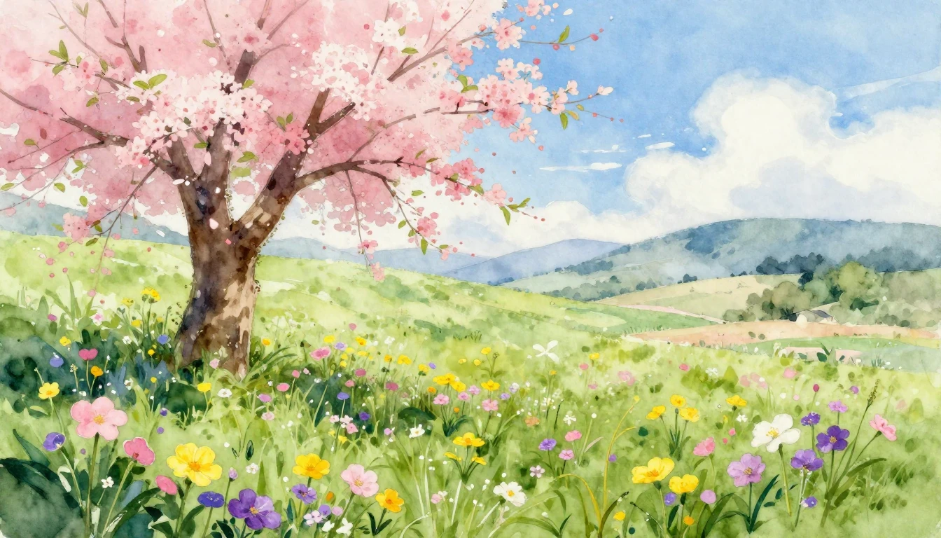 A breathtaking watercolor painting of a lush spring meadow f...