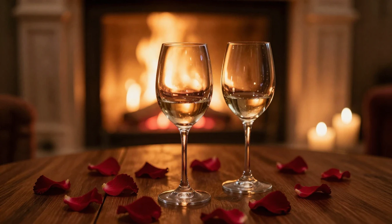 A lush and romantic scene featuring two elegant wine glasses...
