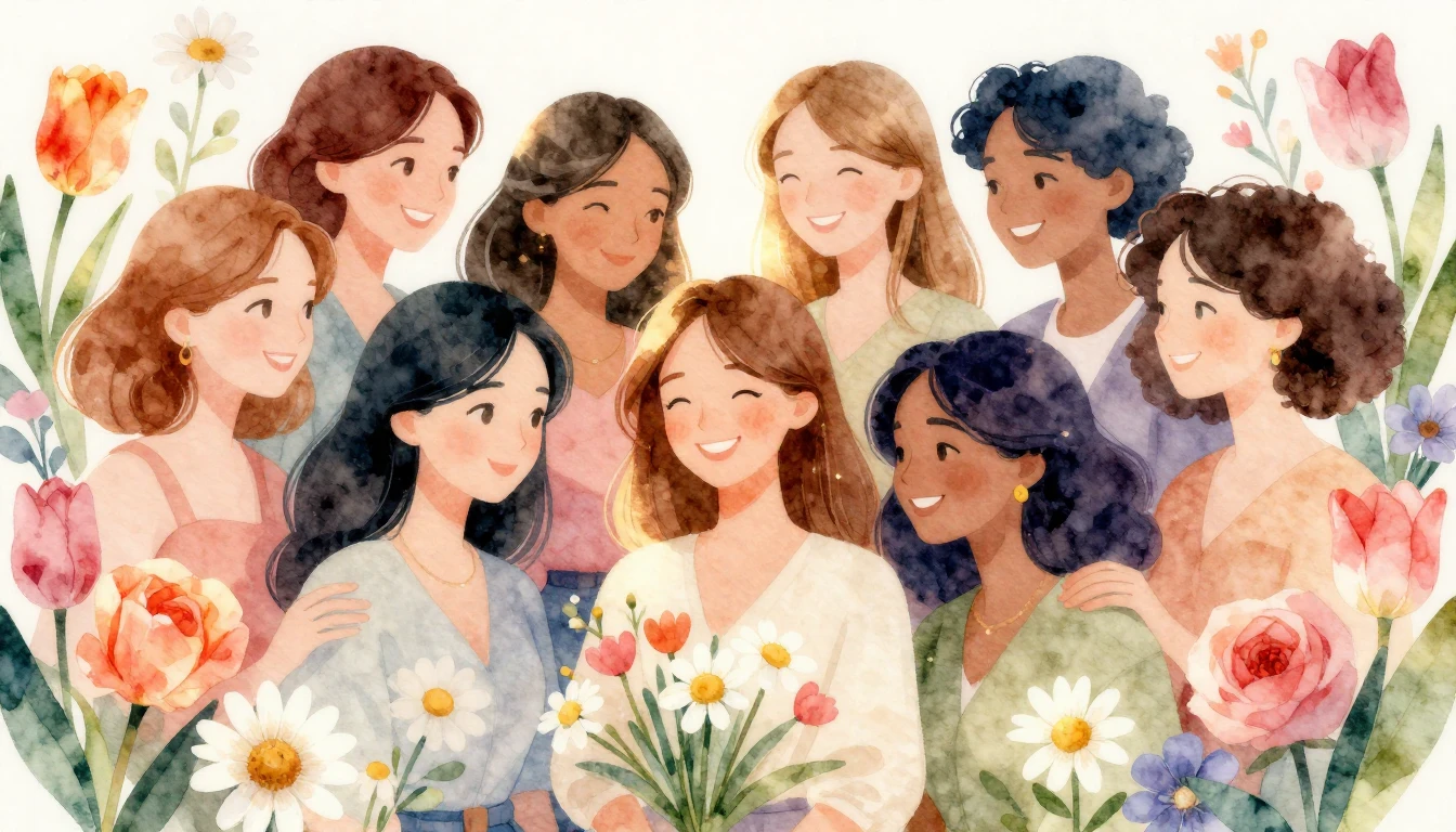 A vibrant and joyful watercolor illustration of diverse wome...