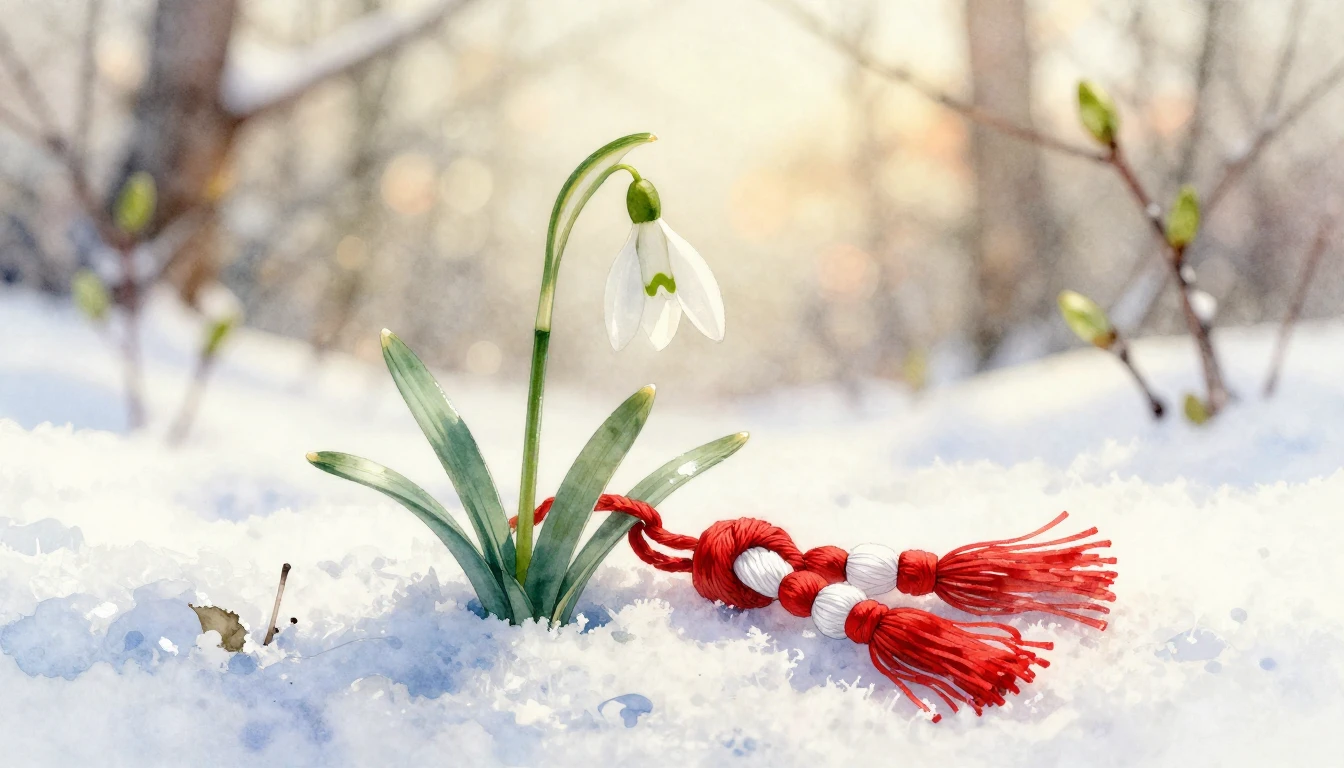 A delicate watercolor painting of a snowdrop flower emerging...