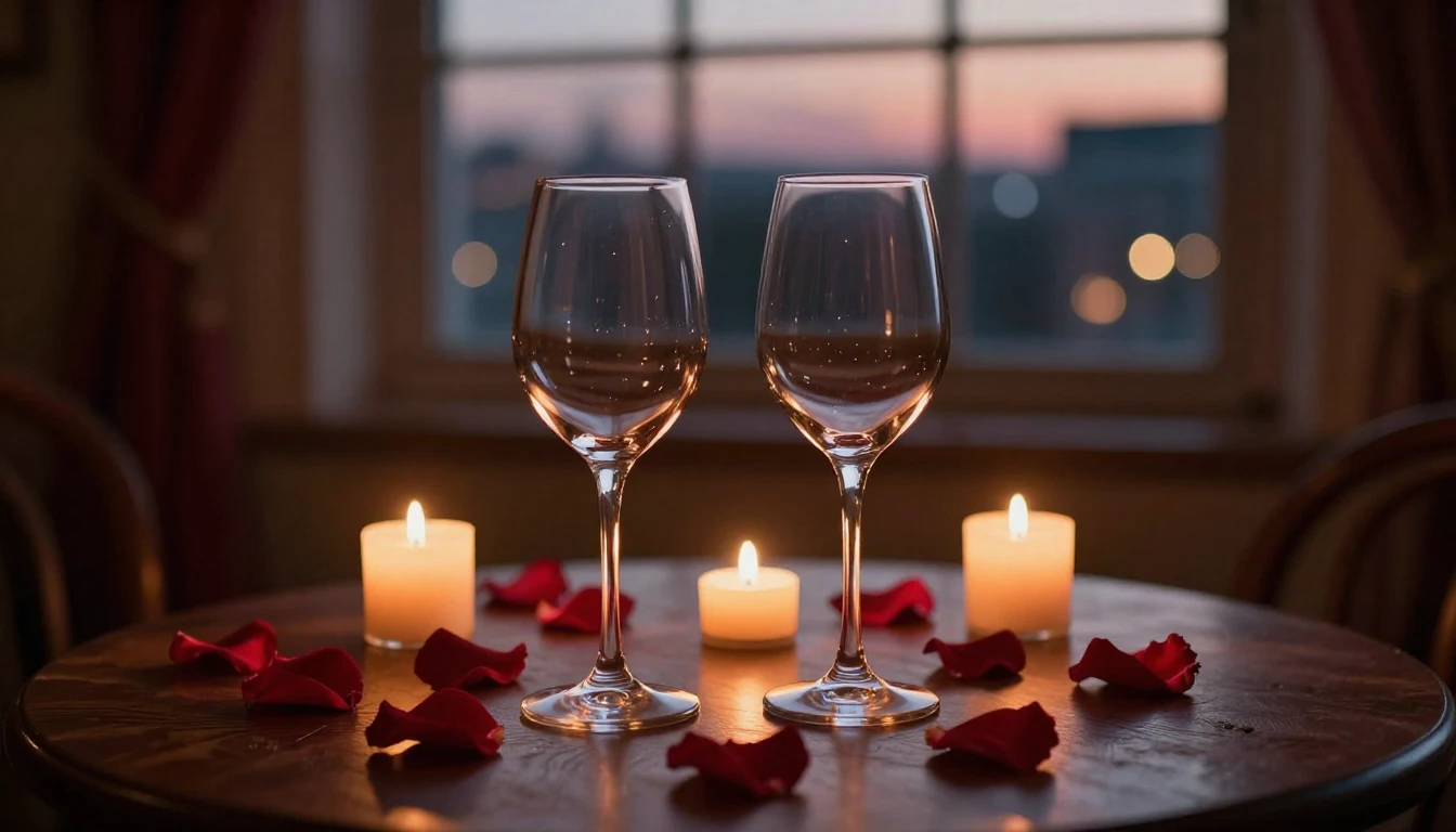 A breathtakingly romantic scene featuring two elegant wine g...