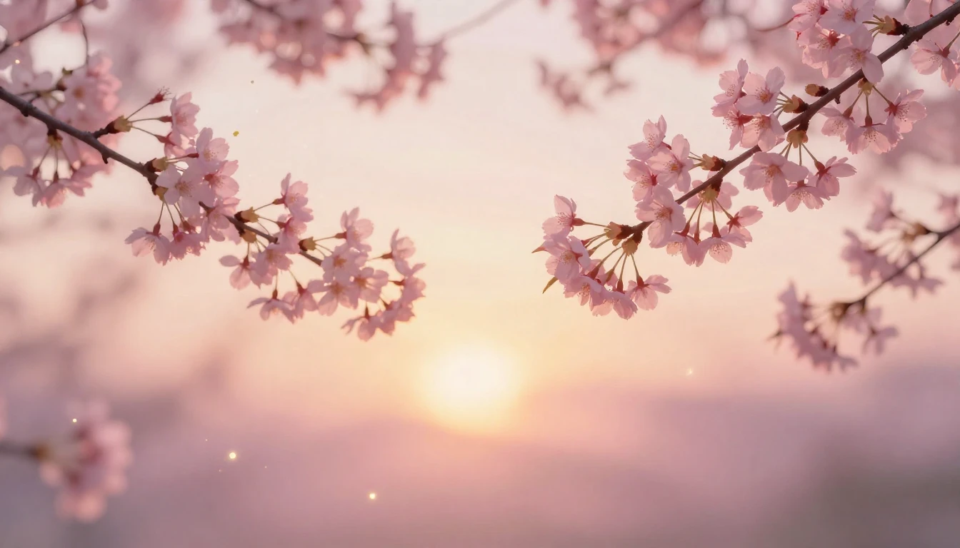 A dreamlike scene featuring two delicate cherry blossom bran...