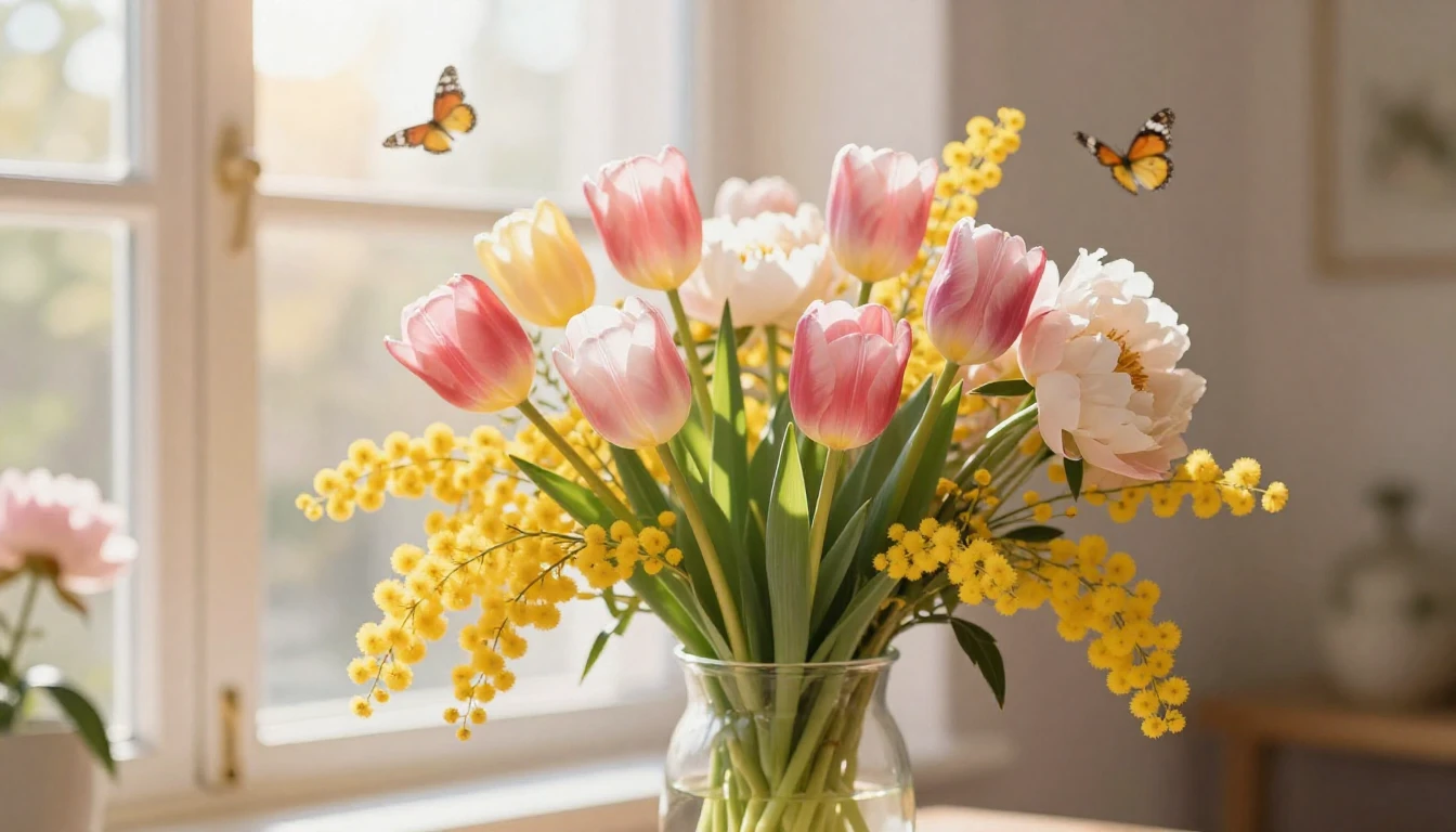 A vibrant spring scene featuring a lush bouquet of tulips, m...