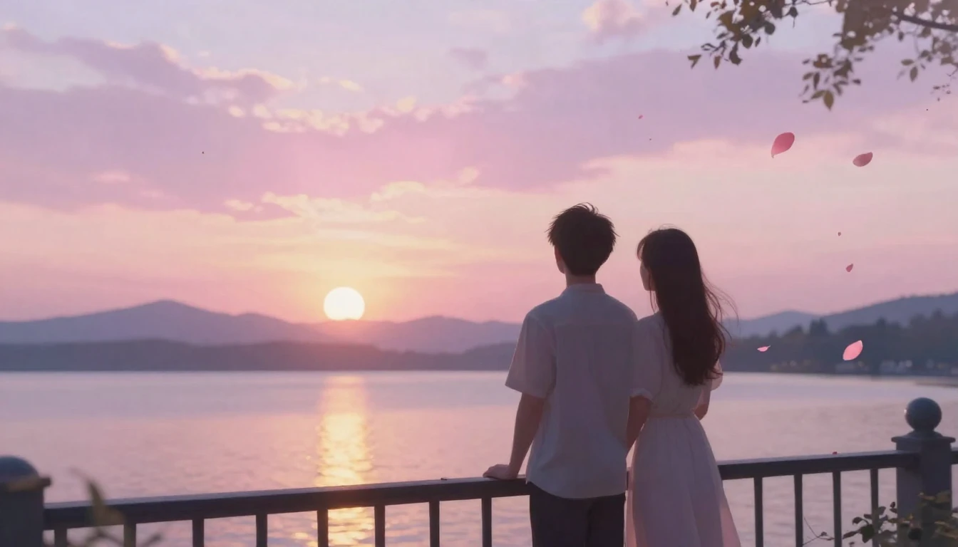 A dreamy and romantic scene featuring two silhouettes of a c...