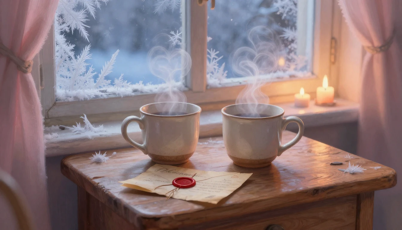 A romantic and cozy scene depicting a close-up of a small wo...