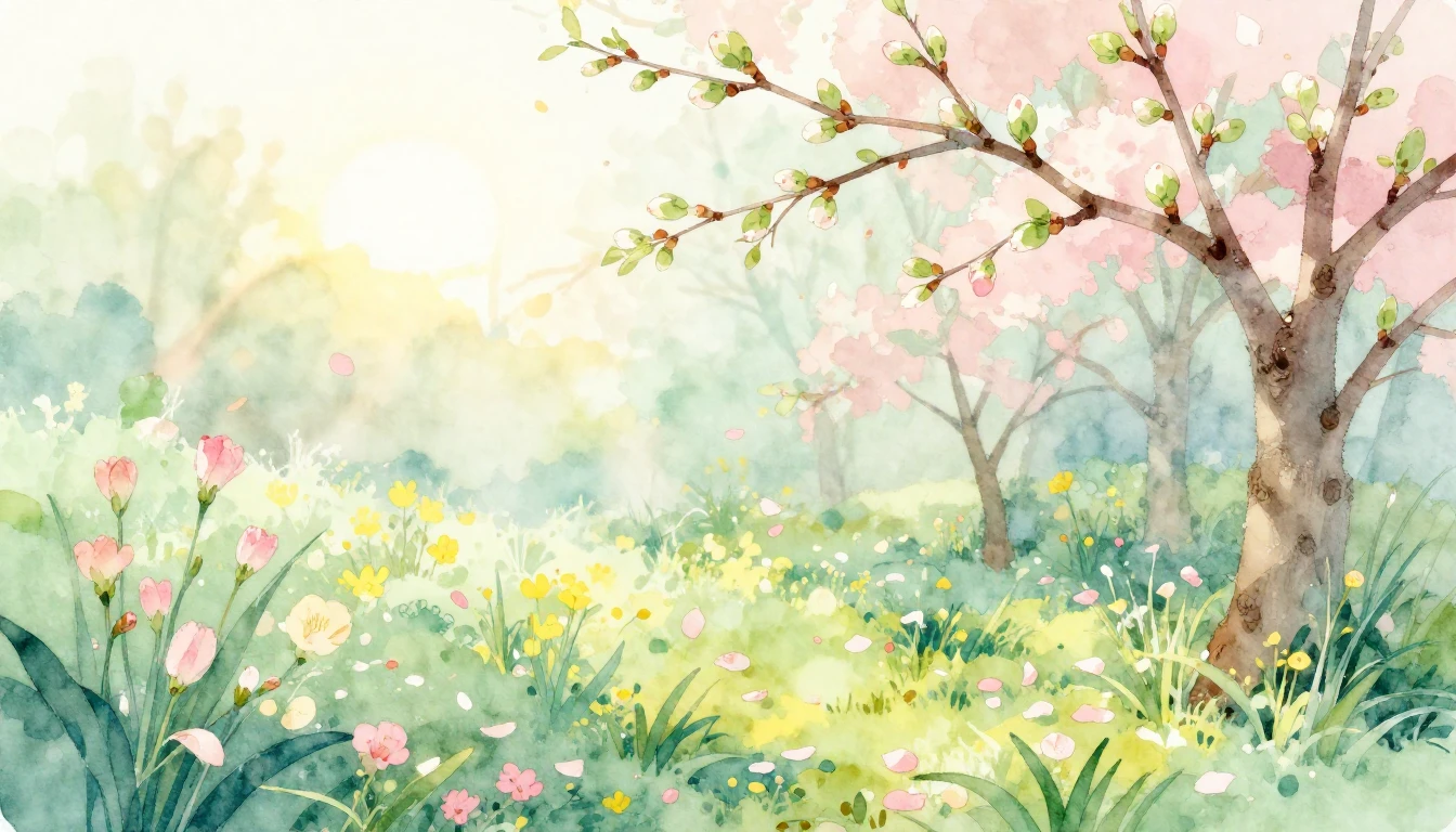 A delicate watercolor illustration of a vibrant spring garde...