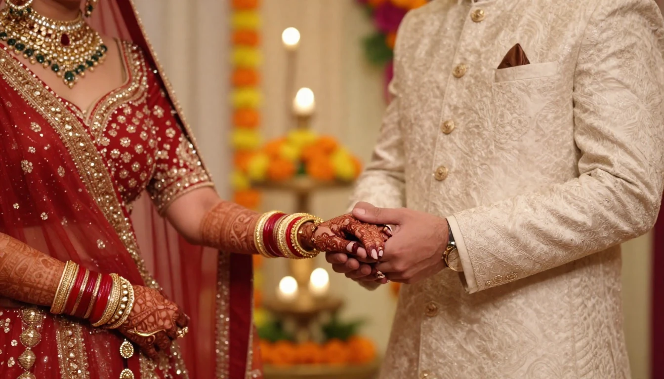 A cinematic close-up shot of an Indian bride and groom holdi...