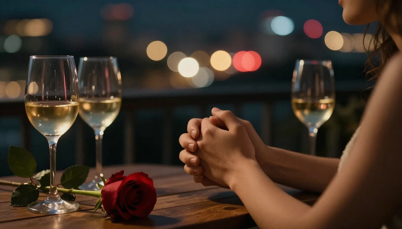 A cinematic, romantic close-up shot of a couple holding hand...