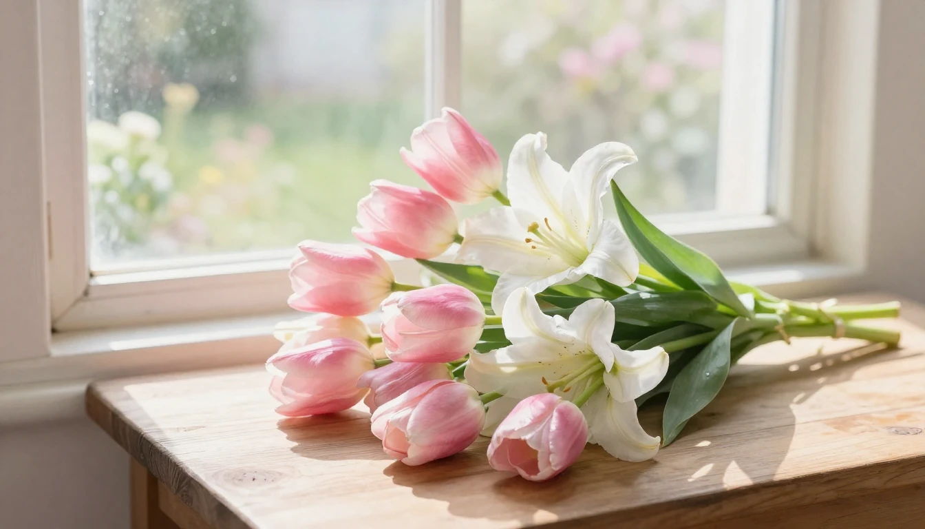A beautiful bouquet of soft pink tulips and white lilies res...