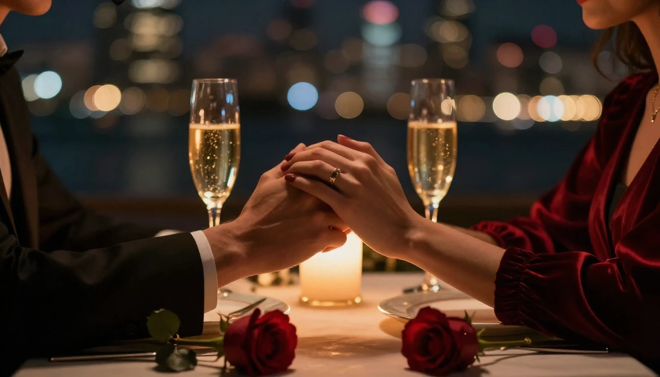 A romantic, intimate scene featuring two hands gently claspi...