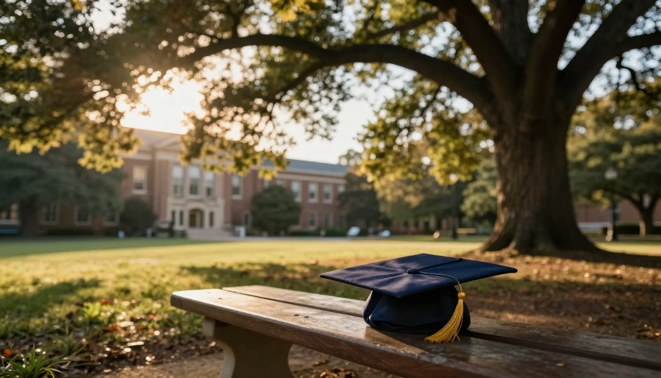 A wide-angle cinematic shot of a single graduation cap resti...