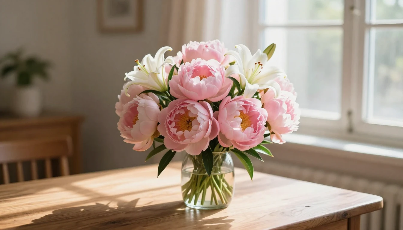 A beautiful bouquet of soft pink peonies and white lilies si...