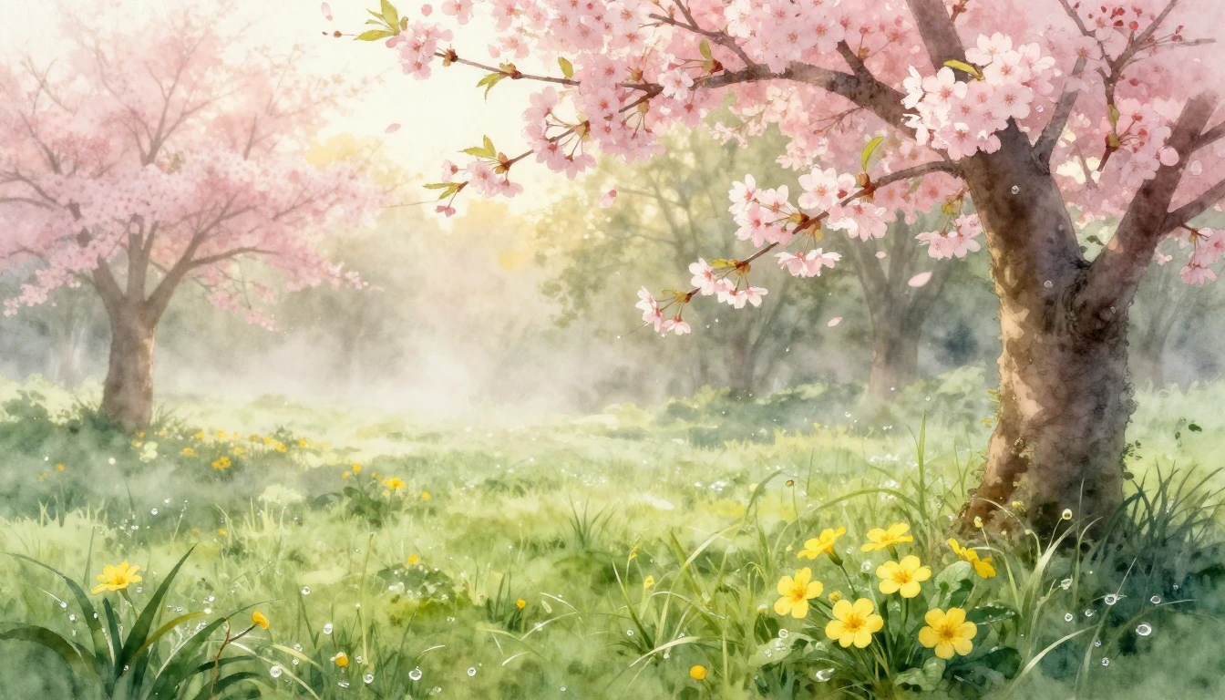 A delicate watercolor painting of a lush meadow at dawn duri...