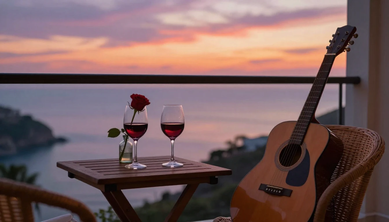 A romantic and cozy scene on a balcony overlooking the ocean...