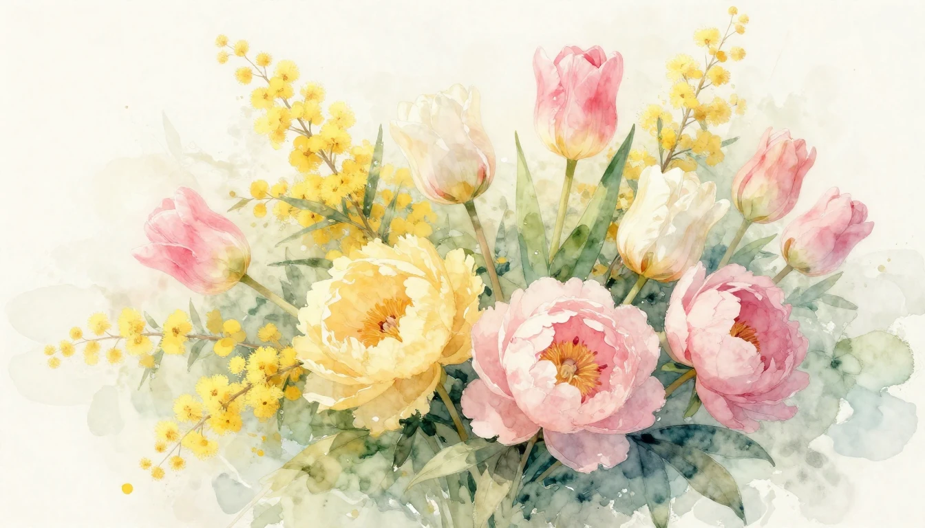 A delicate watercolor painting featuring a lush bouquet of s...