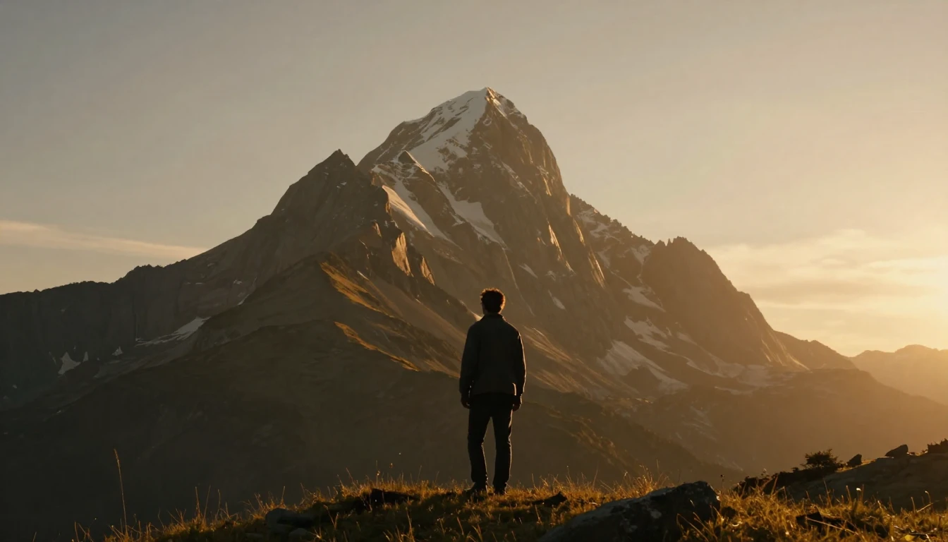 A cinematic shot of a majestic mountain peak bathed in the w...